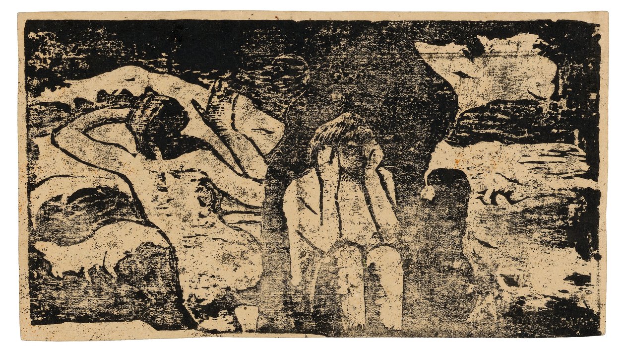 Vid de svarta klipporna, från sviten med sena träsnitt av Paul Gauguin
