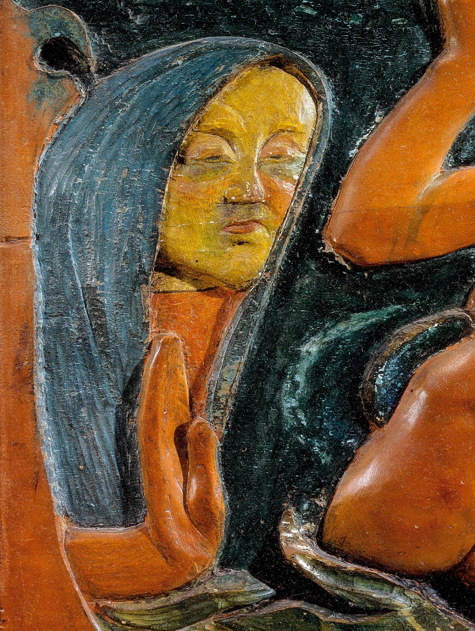 Var mystisk (detalj) 1890 (polykrom träsnideri) av Paul Gauguin