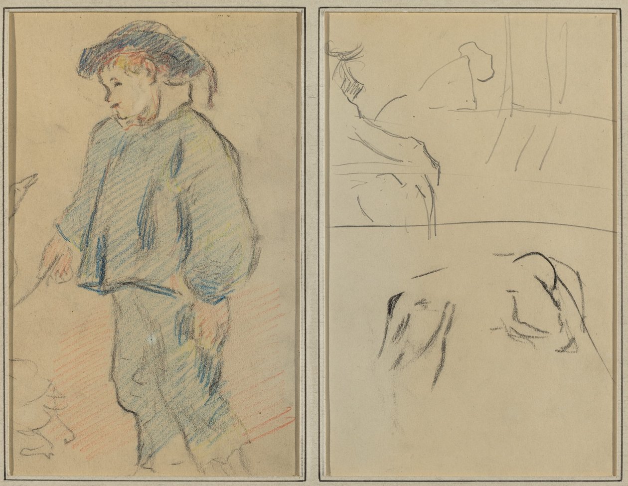 Breton pojke som sköter gäss; Kor och en figur lutad på en avsats [verso] av Paul Gauguin
