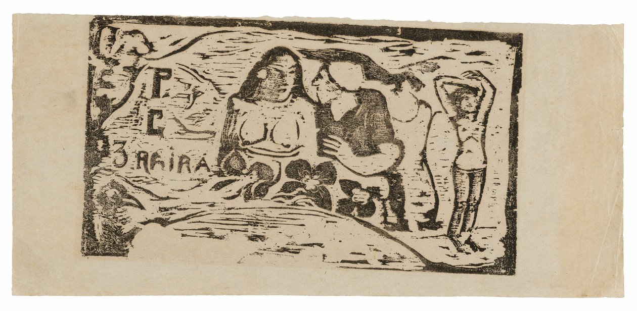 Byst av en naken kvinna och trekvartsfigur av en man med en vit mössa i profil, tredje liten figur längst till höger, huvudstycke för Le sourire av Paul Gauguin