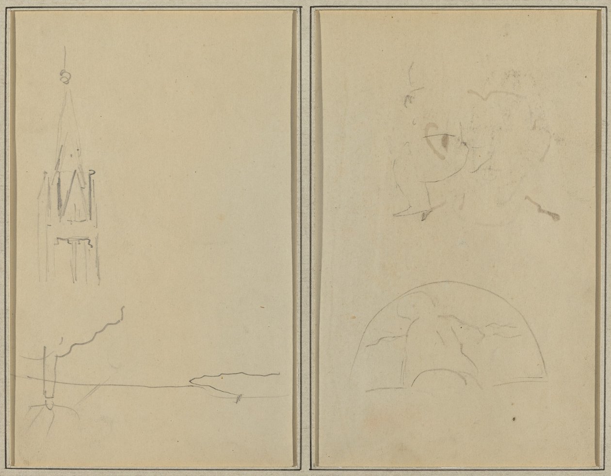 Kyrkans torn; En skiss av en fläkt [recto] av Paul Gauguin