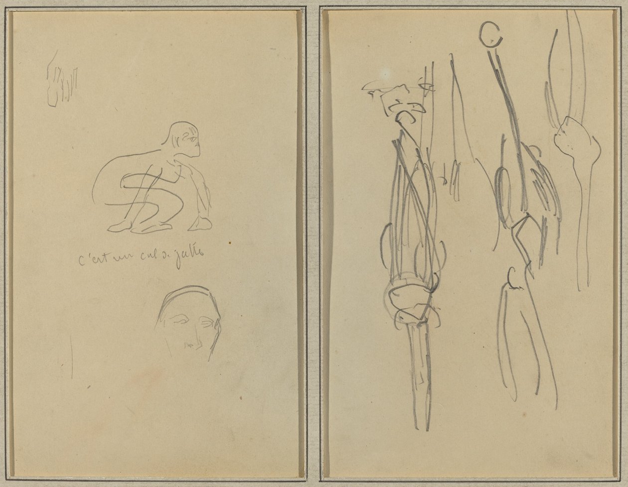 Hukande apa och manshuvud; Ben och muskler [verso] av Paul Gauguin