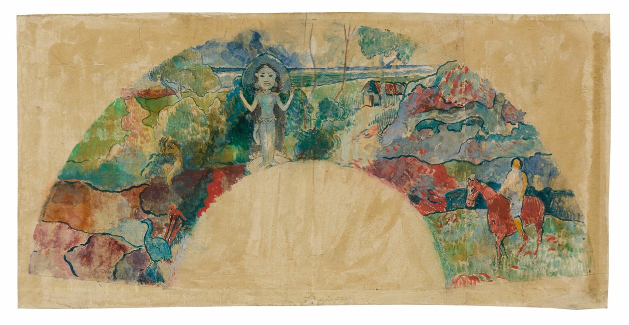 Design för en fläkt med ett landskap och en staty av gudinnan Hina av Paul Gauguin