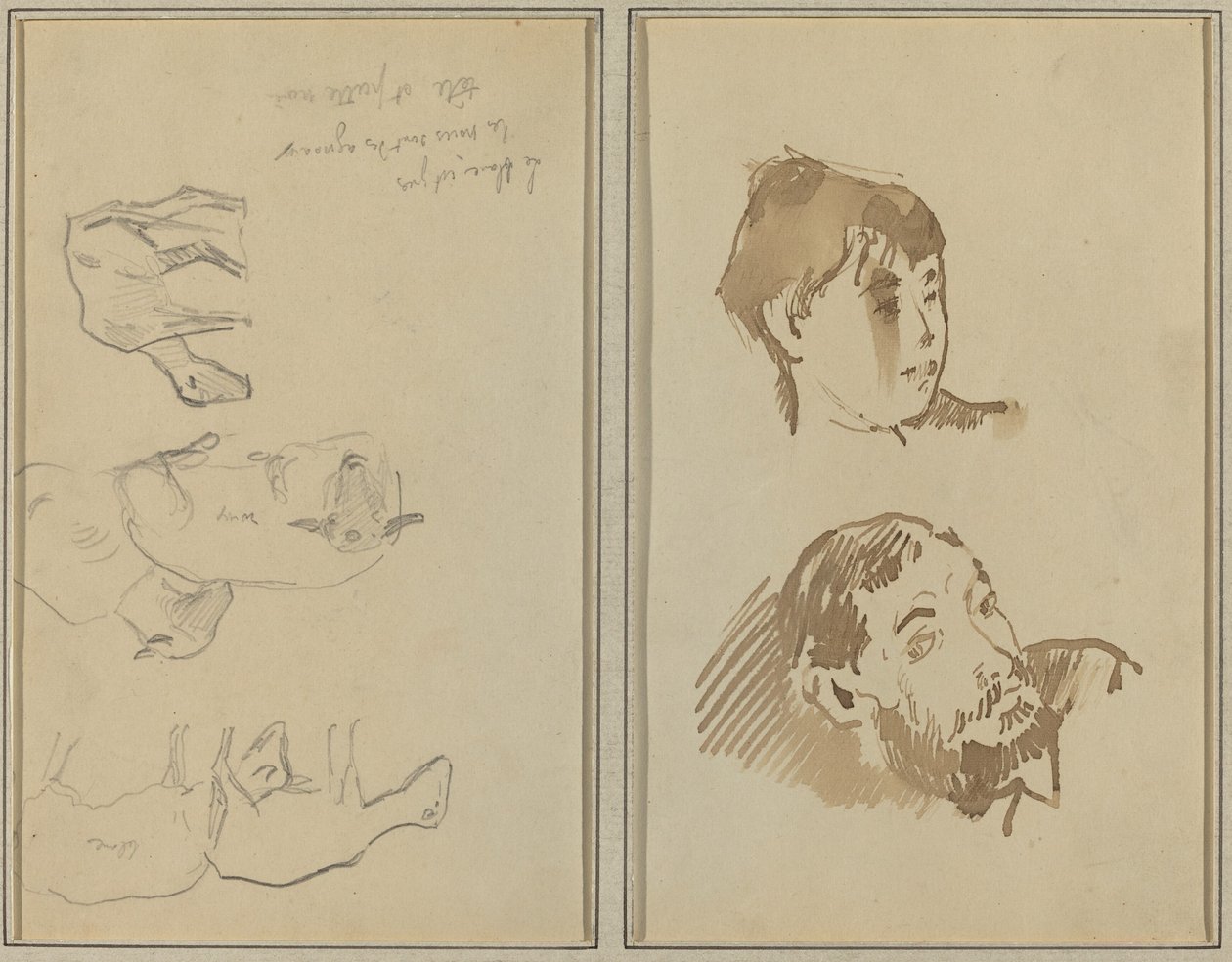 Fem får; Huvudet på en kvinna och huvudet på en skäggig man [recto] av Paul Gauguin