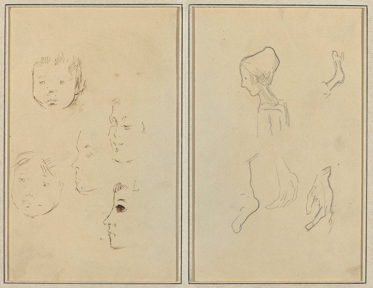 Fem studier av huvuden; En pojke i profil med studier av händer och fötter [verso] av Paul Gauguin