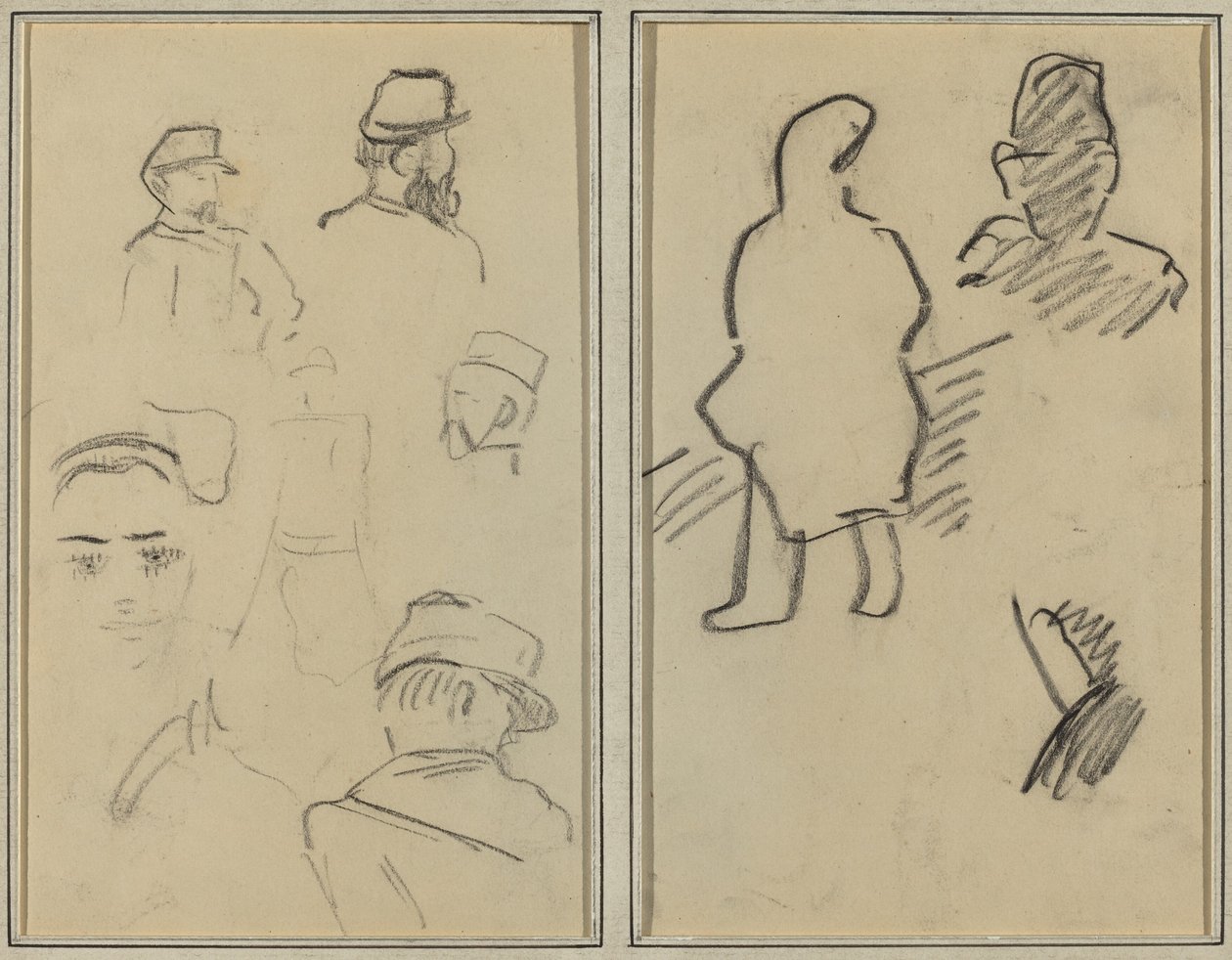 Fem studier av soldater och en kvinnas ansikte; Två figurer [recto] av Paul Gauguin