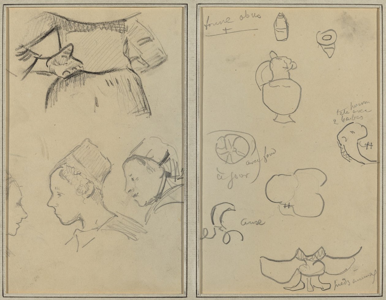 Fyra studier av bretonska kvinnor; Former och vaser [verso] av Paul Gauguin
