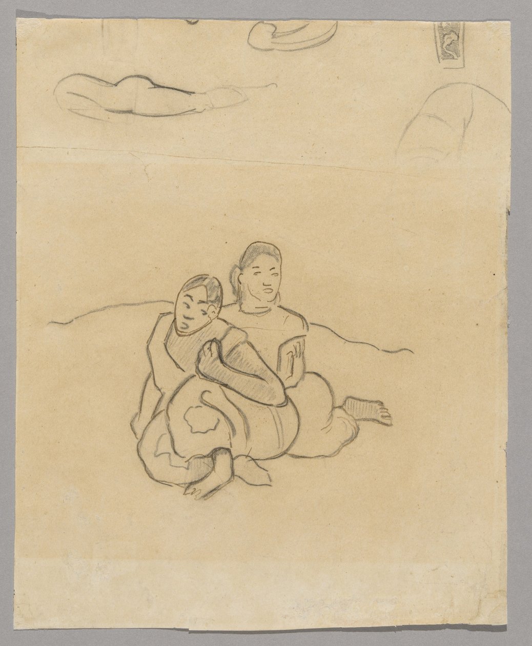 Fragment av kroppar, en dekorativ design och två hukande tahitiska kvinnor i ett landskap relaterat till Nafea Faaipoipo av Paul Gauguin