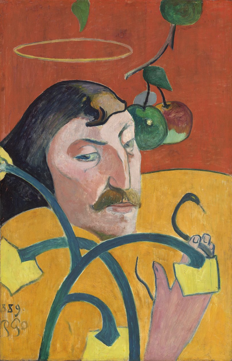 Franska: Autoportrait-charge, ou Autoportrait au nimbe Självporträtt med halo av Paul Gauguin