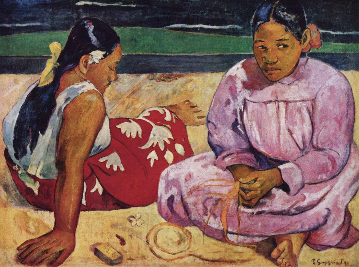 Franska: Femmes de Tahiti, ou Sur la plage Tahitiska kvinnor på stranden av Paul Gauguin