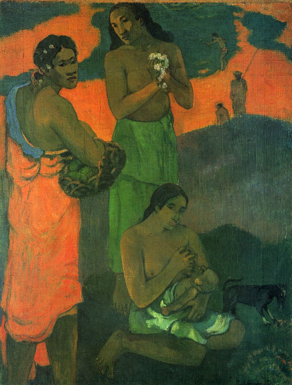 Franska: Femmes sur le bord de la mer, ou Maternité I Kvinnor vid havsstranden (Moderskap I) av Paul Gauguin