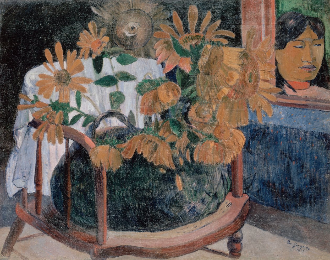 Franska: Nature morte avec des tournesols sur un fauteuil (II) Solrosor av Paul Gauguin