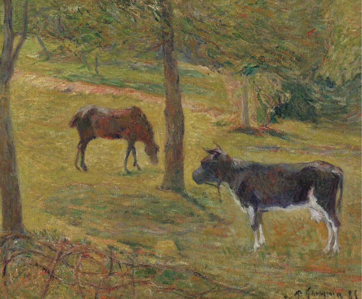 Franska: Vache et cheval dans un pré Ko och häst på en äng av Paul Gauguin