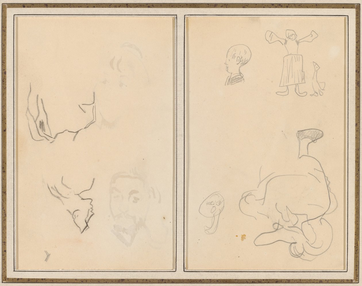 Huvud av en man med en studie av hans rygg; Olika skisser med en bondkvinna och en gås [recto] av Paul Gauguin