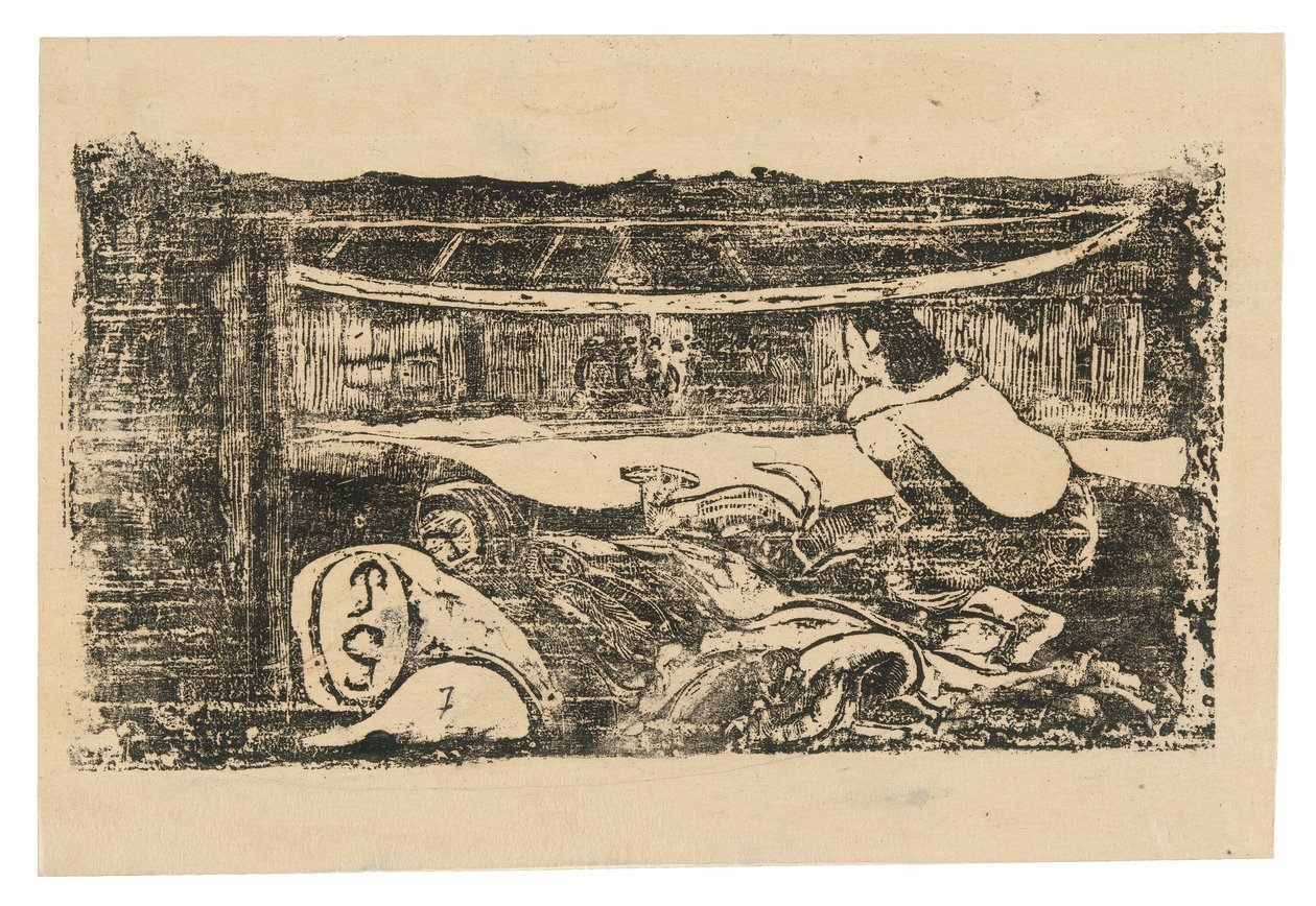 Interiör av en Tahitian Hut, från Suite of Late Wood-block Prints av Paul Gauguin