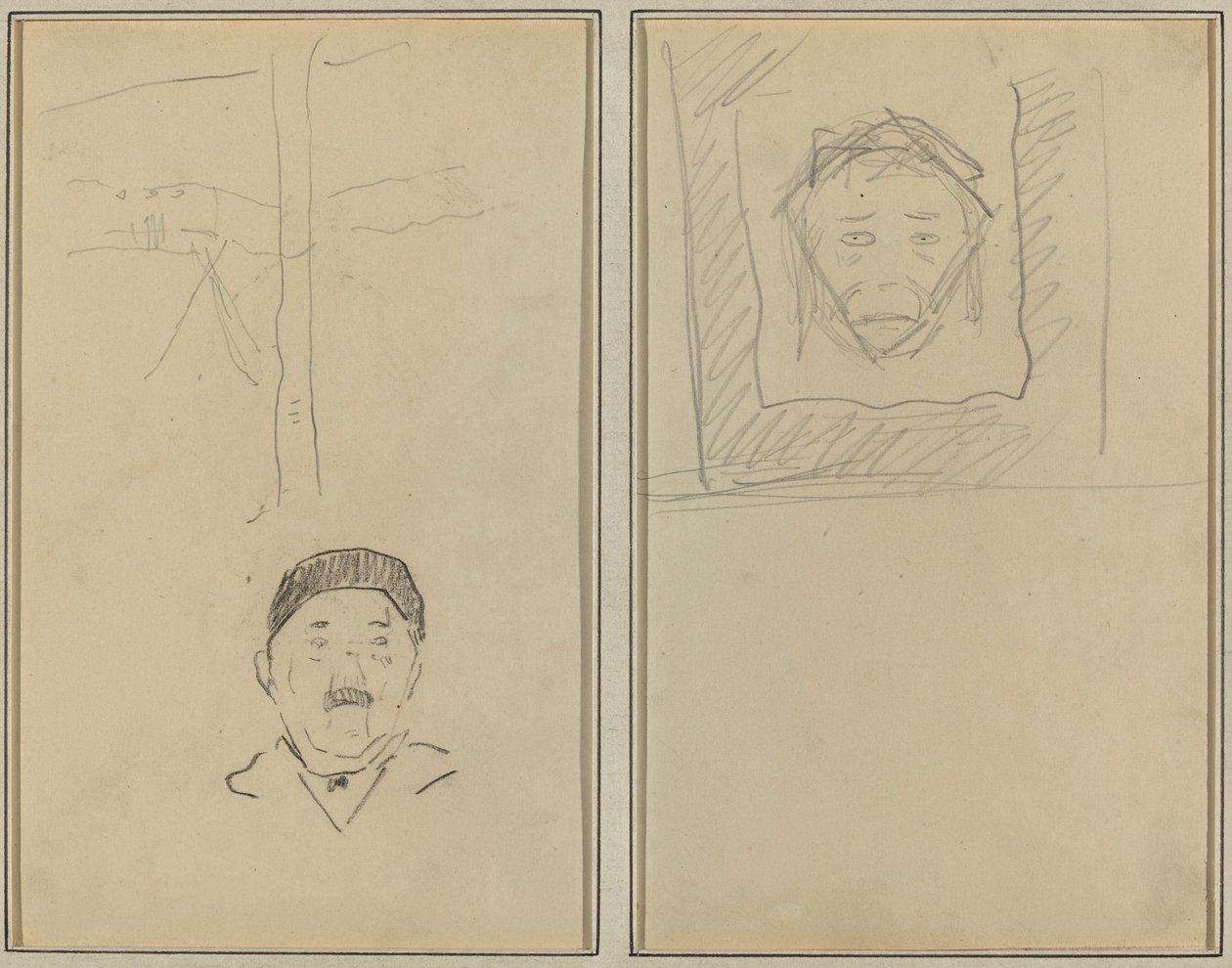 Landskap och Människans huvud; Head of Monkey Inside a Square [recto] av Paul Gauguin
