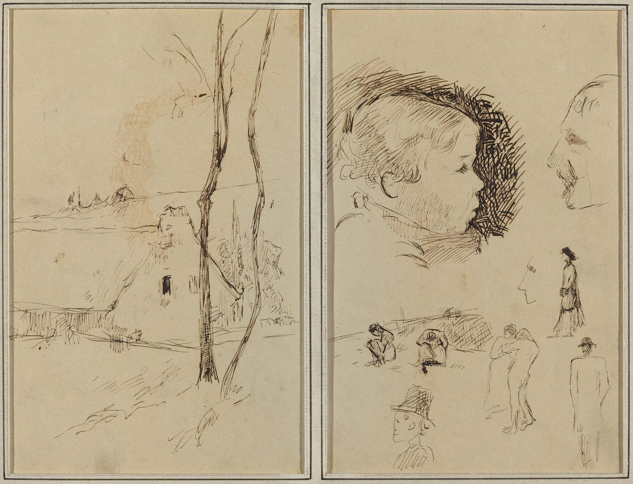 Landskap med en stuga; Profil av pojke, profil av man, två kvinnor i ett landskap och fem andra studier [verso] av Paul Gauguin