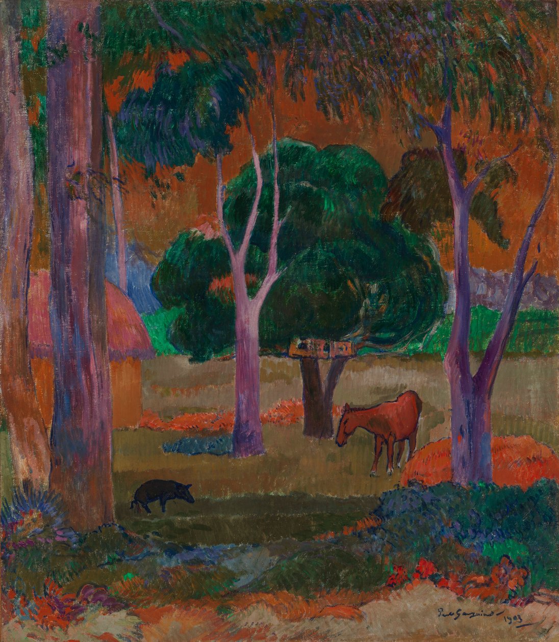 Landskap med en gris och en häst (Hiva Oa) av Paul Gauguin