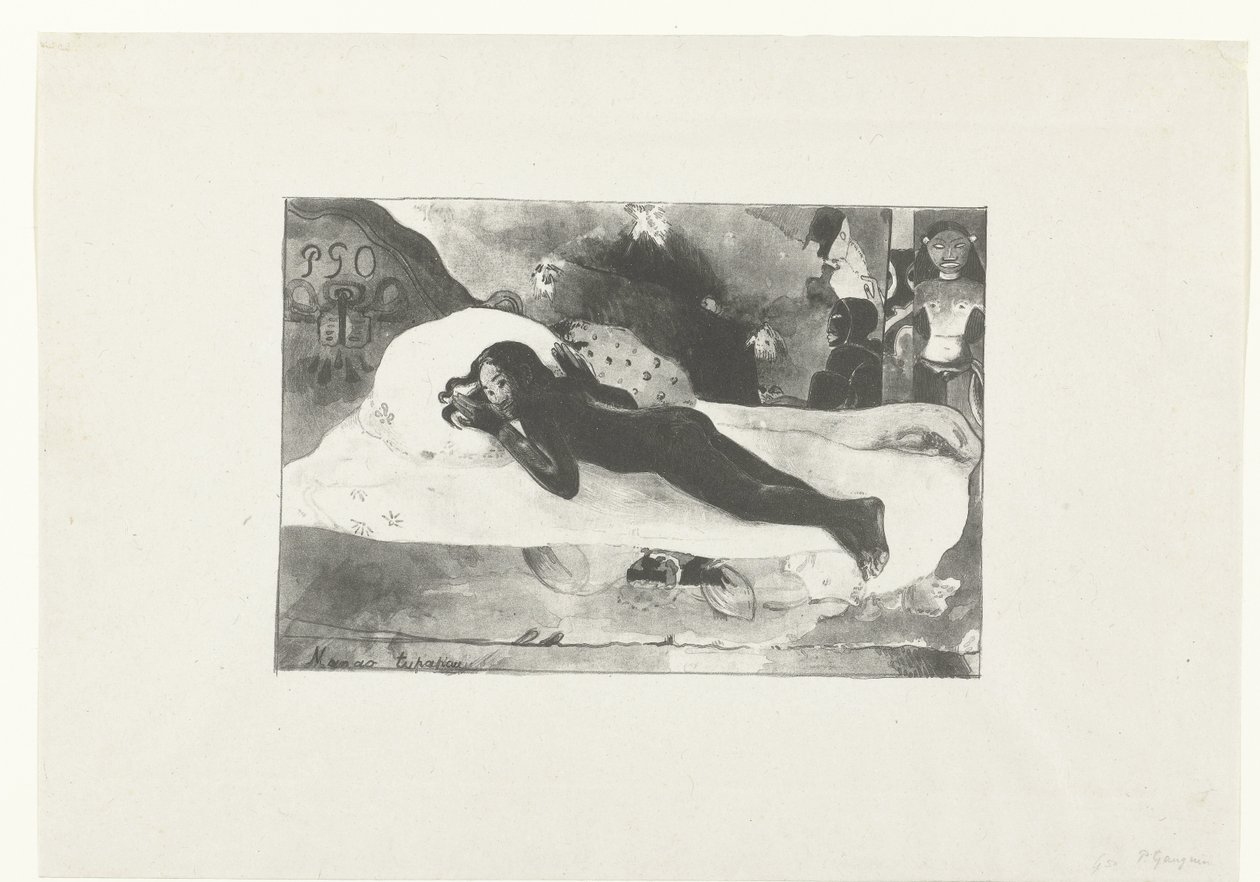 Liggande flicka och de dödas spöken Sedd av de dödas andar Manao tupapau (titel på objekt) av Paul Gauguin