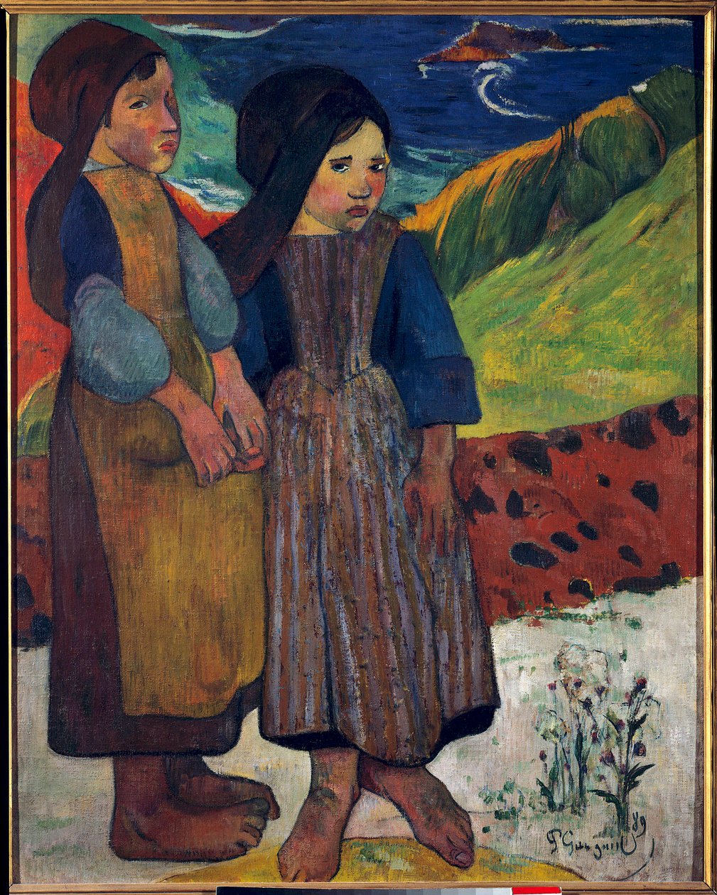 Små bretoner före havet Målning av Paul Gauguin (1848-1903) 1889 Sön. 0,92 X 0,73 m. Tokyo. Nationalmuseet för västerländsk konst av Paul Gauguin