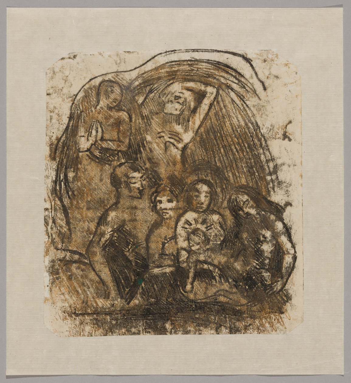 Födelsekyrkan (mor och barn omgiven av fem figurer) av Paul Gauguin