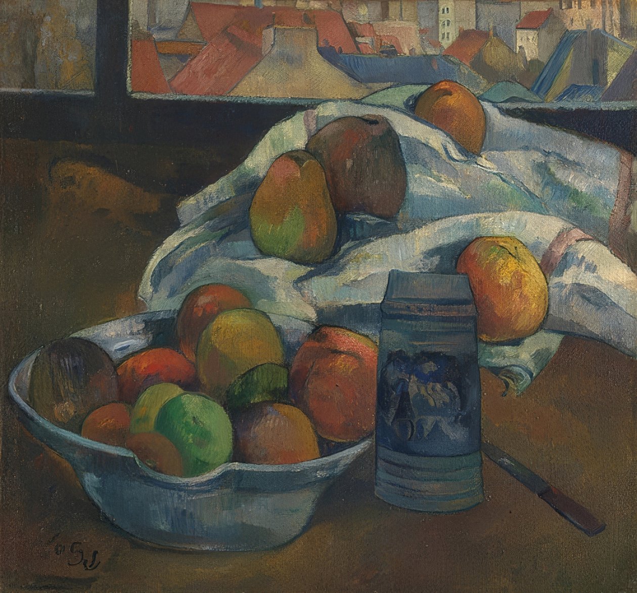 Fruktskål och kanna framför ett fönster. Troligen 1890 av Paul Gauguin