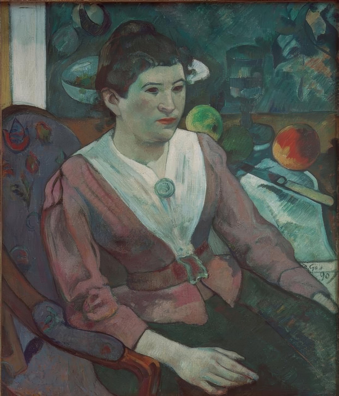 Porträtt av en kvinna i stilleben av Cézanne - Marie Derr av Paul Gauguin