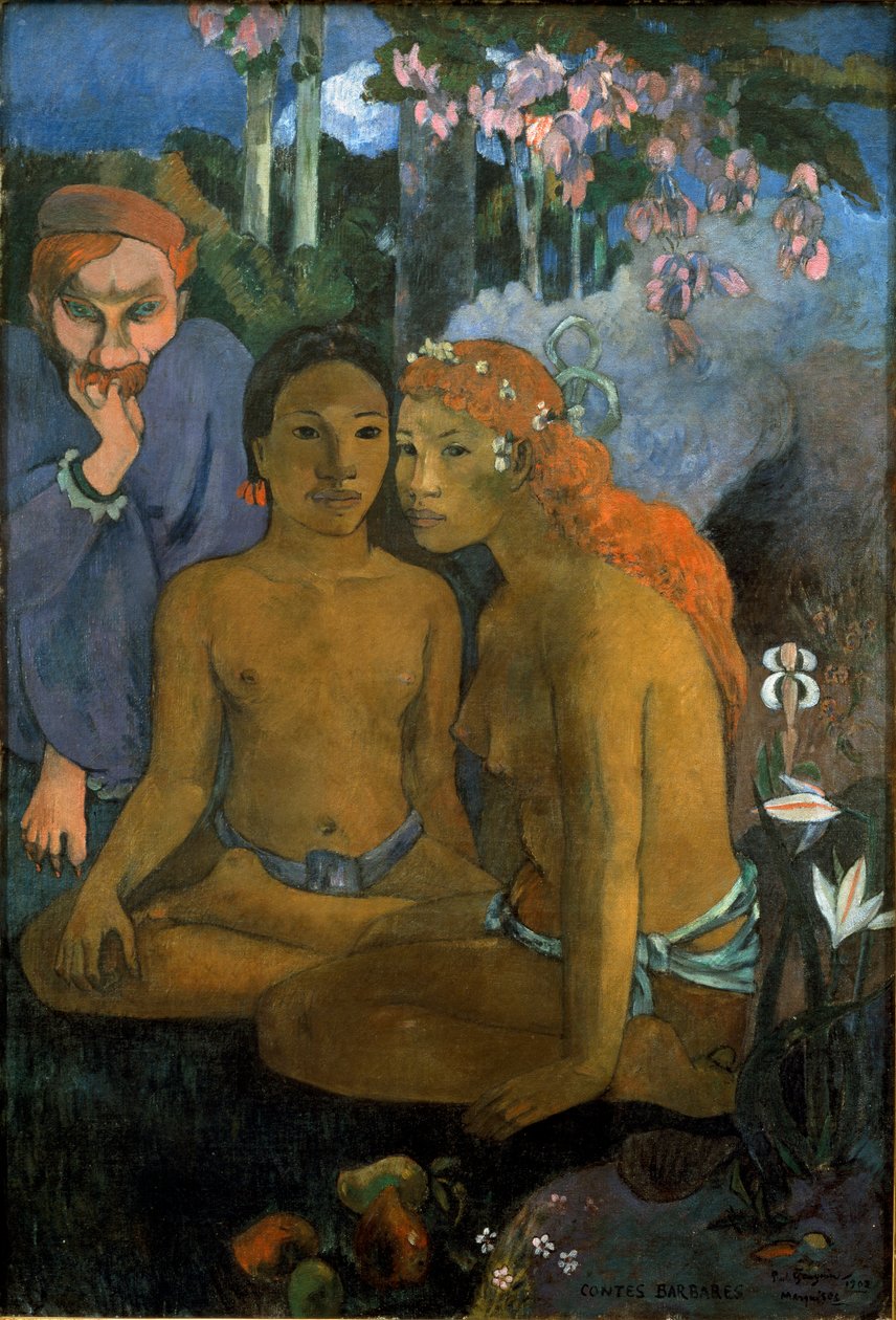 Primitiva berättelser. Unga tahitianer och den franske poeten med holländskt ursprung Jacob Meyer de Haan (Meijer de Hann) (1852-1895). Målning av Paul Gauguin (1848-1903) av Paul Gauguin
