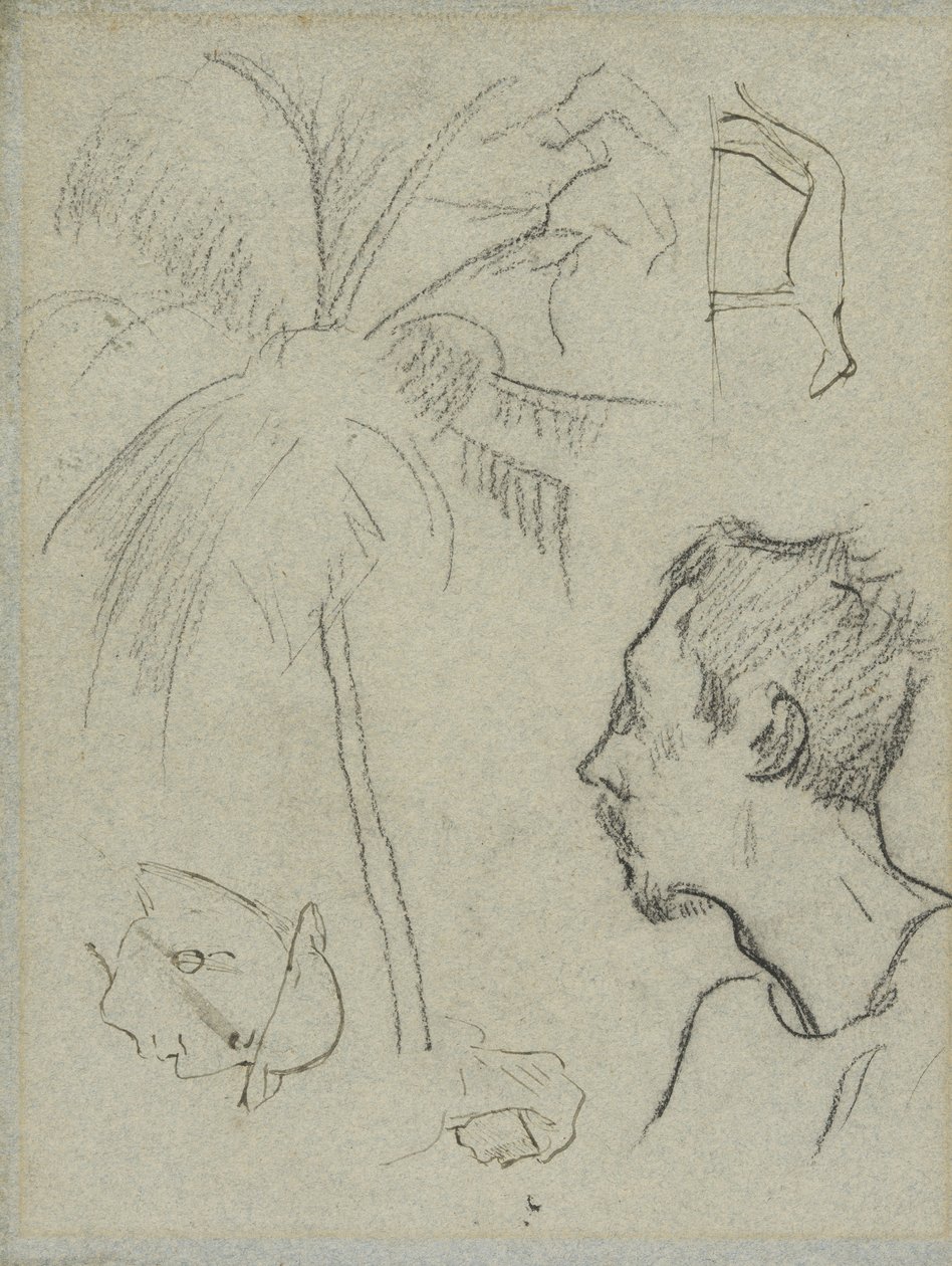 Profil av Charles Laval med palmträd och andra skisser av Paul Gauguin