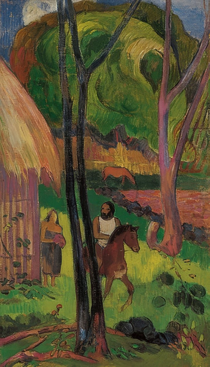 Ryttare framför kojan (Cavalier devant la case). 1902 av Paul Gauguin