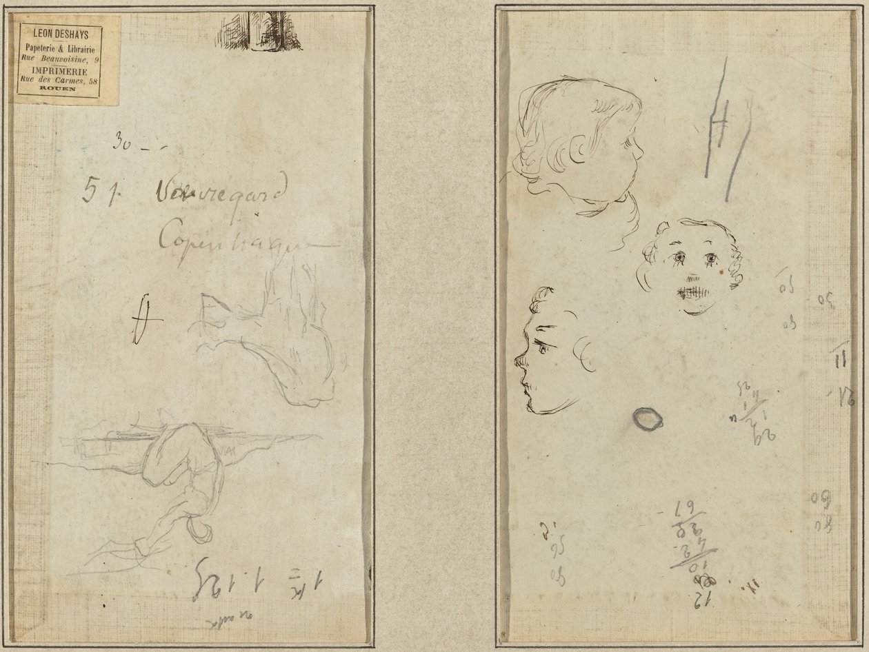 Sittande figur och en ko; Tre studier av ett barns huvud av Paul Gauguin