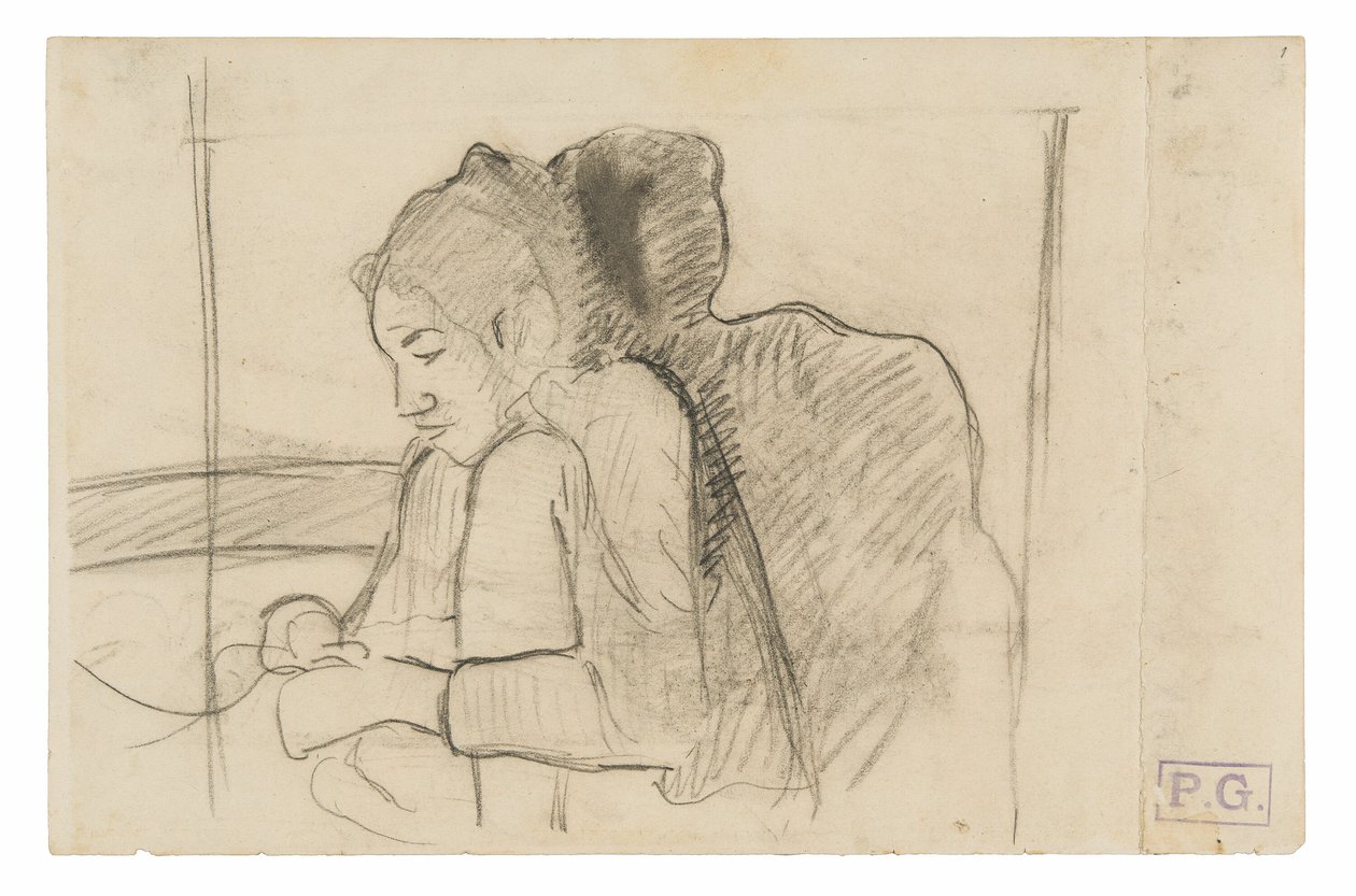 Sittande tahitisk kvinna (recto), skisser av tuppar och kycklingar (verso) av Paul Gauguin