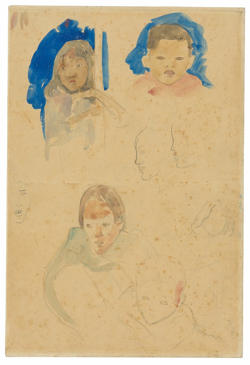 Skisser av barn, en kvinna och profiler (recto), Skisser av hästar och barn (verso) av Paul Gauguin