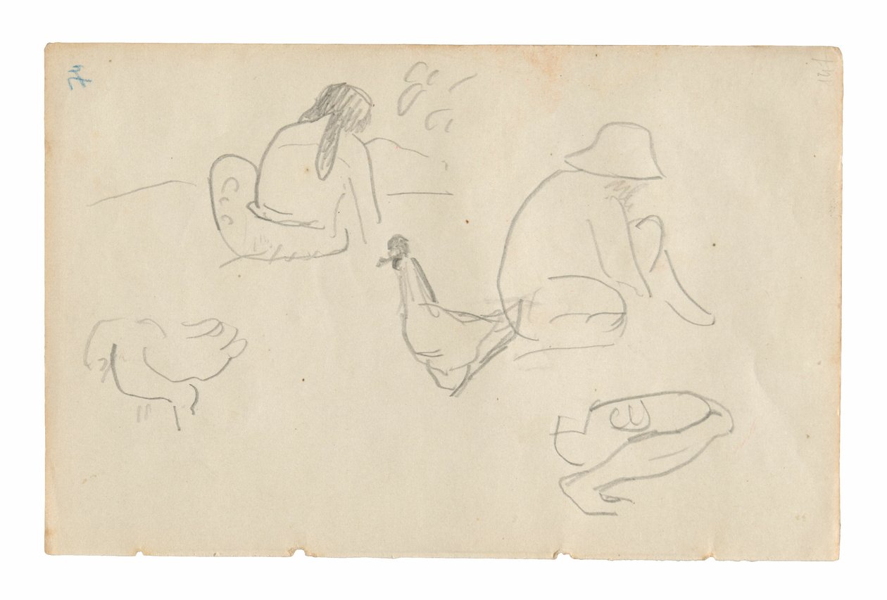 Skisser av sittande figurer och kycklingar (recto), naken kvinnlig torso (relaterad till målningen Te a no areois [Areois frö]) (verso), från Carnet de Tahiti (tahitisk skissbok) av Paul Gauguin