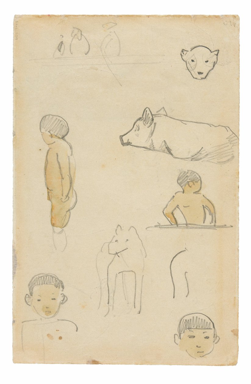 Skisser över stående figurer och djur av Paul Gauguin