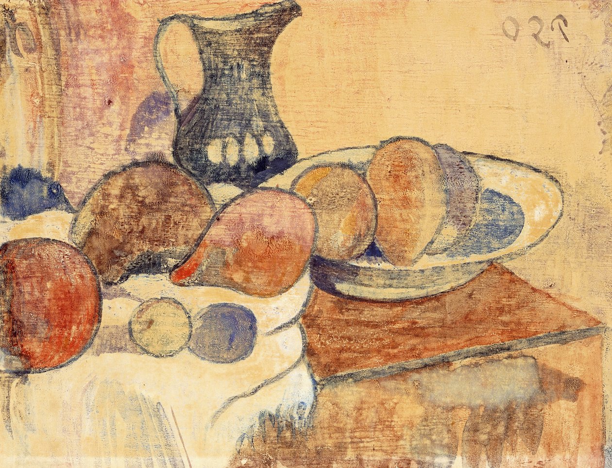 Stilleben med en kanna och frukt; Stilleben med kanna och frukt, c.1899 av Paul Gauguin