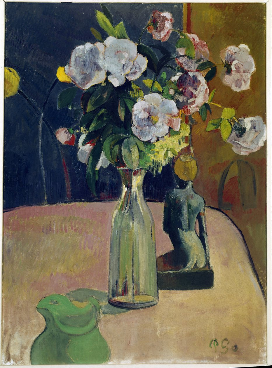 Stilleben med rosor och staty (olja på duk av Paul Gauguin