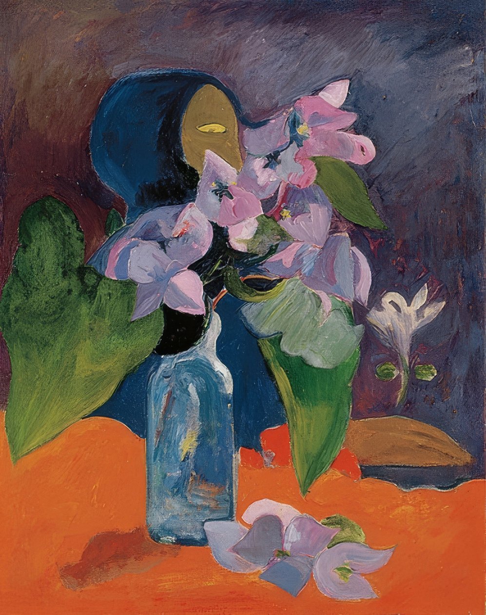 Stilleben med blommor och idol. Omkring 1892 av Paul Gauguin
