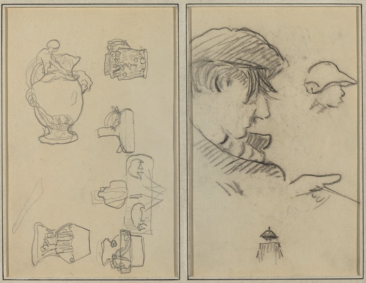 Studier av kannor och vaser; En man med mustasch och en pojke med hatt [recto] av Paul Gauguin