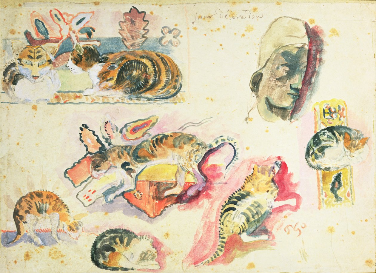 Studie av katter och ett huvud av Paul Gauguin
