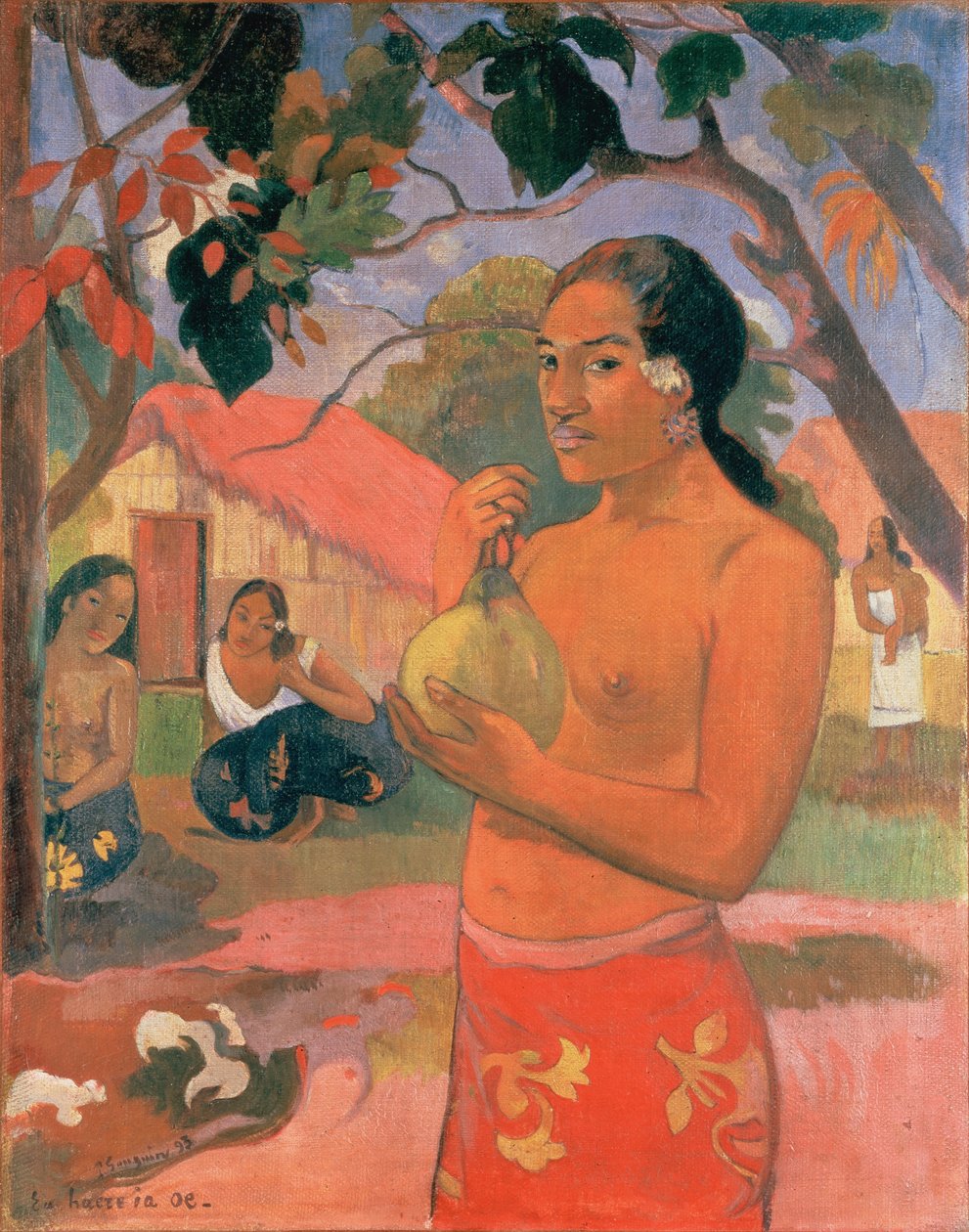 Tahitianska:  Ea haere ia oe (A haere ia oe) Where Are You Going eller Kvinna som håller en frukt av Paul Gauguin