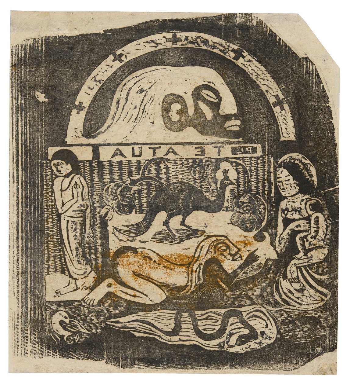 Te atua (The God), från sviten med sena träblockstryck av Paul Gauguin