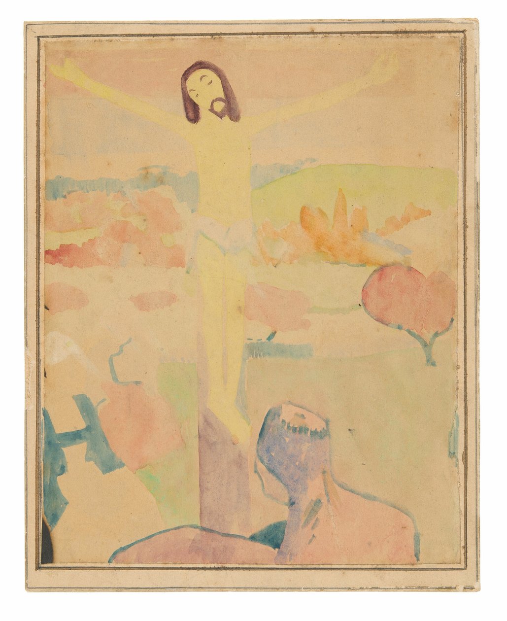 Den gula Kristus (recto), Kvinnlig badare vadar genom en bäck av Paul Gauguin