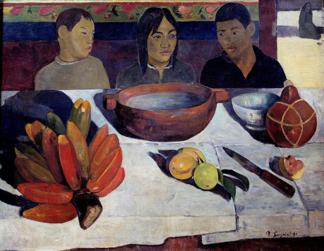 Måltiden eller bananerna Young Tahitian vid bordet. Målning av Paul Gauguin (1848-1903) 1891 Sön. 0,73 x 0,92 m Paris, musee d