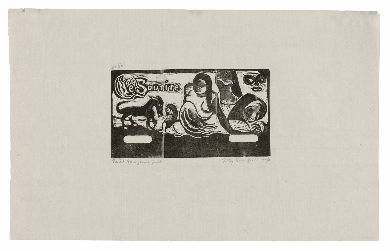 Tre personer, en mask, en räv och en fågel, headpiece för Le sourire av Paul Gauguin