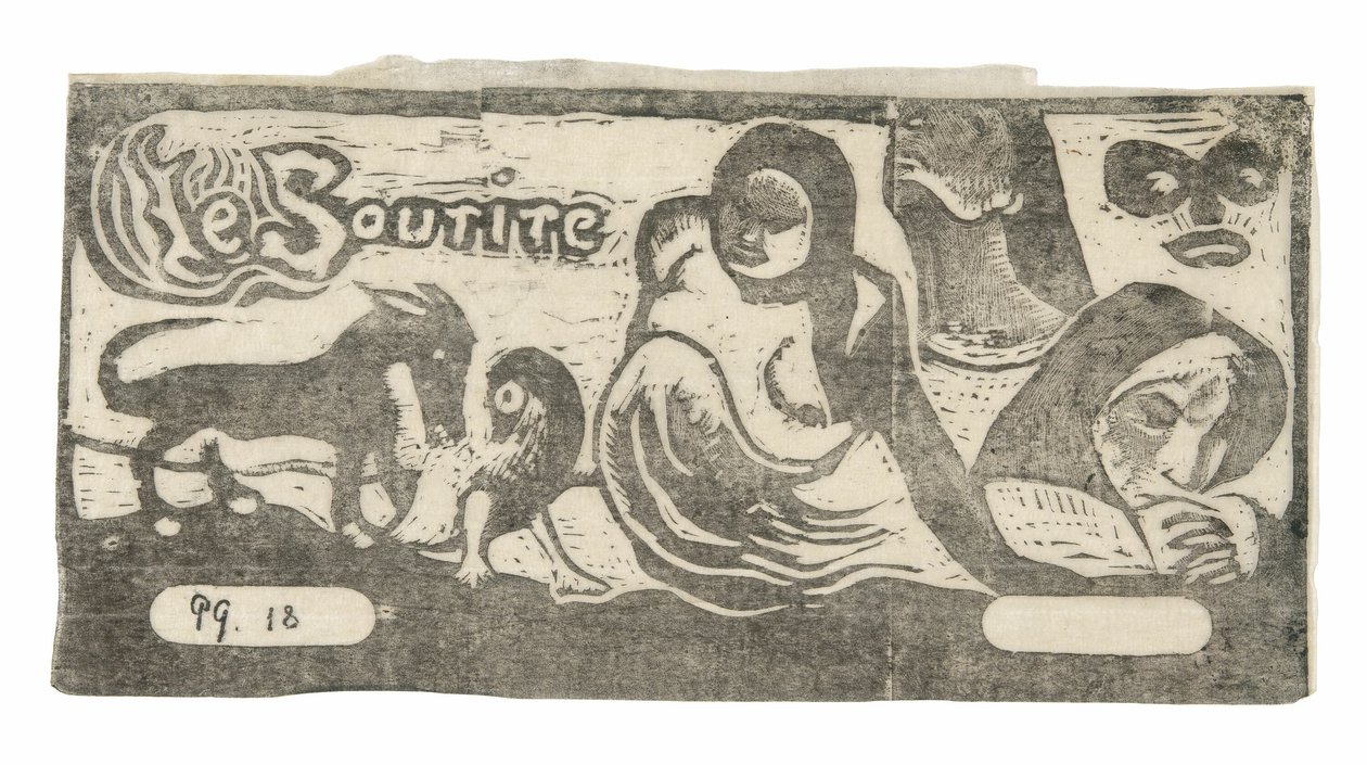 Tre personer, en mask, en räv och en fågel, headpiece för Le sourire av Paul Gauguin