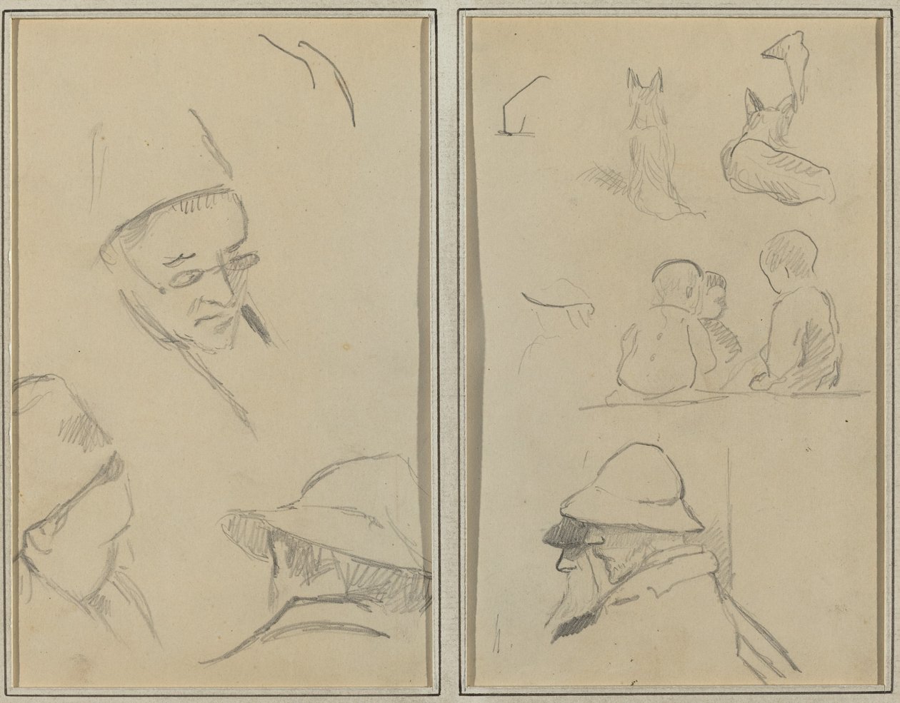 Tre studier av mäns huvuden, en med glasögon; Hundar, barn och två skäggiga män i profil [verso] av Paul Gauguin