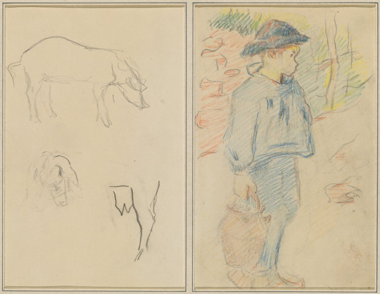 Tre studier av en gris; Breton pojke går med en kanna [recto] av Paul Gauguin