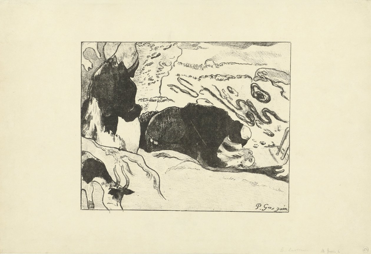 Två tvättkvinnor tvättar kläder med vatten Les Lavandières av Paul Gauguin