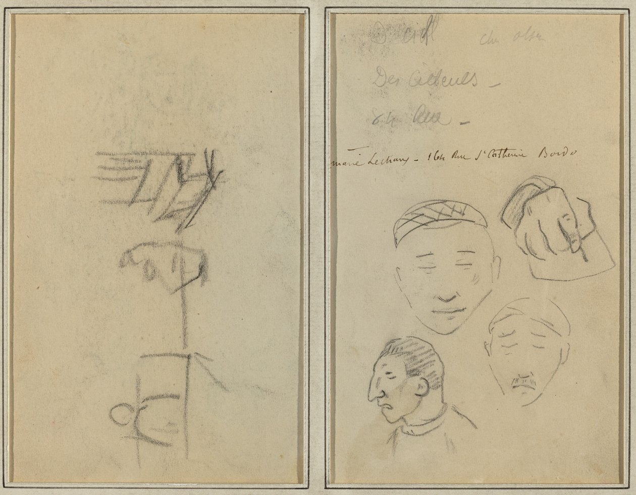 Två figurer och en bänk; Tre studier av mäns huvuden och en hand [recto] av Paul Gauguin
